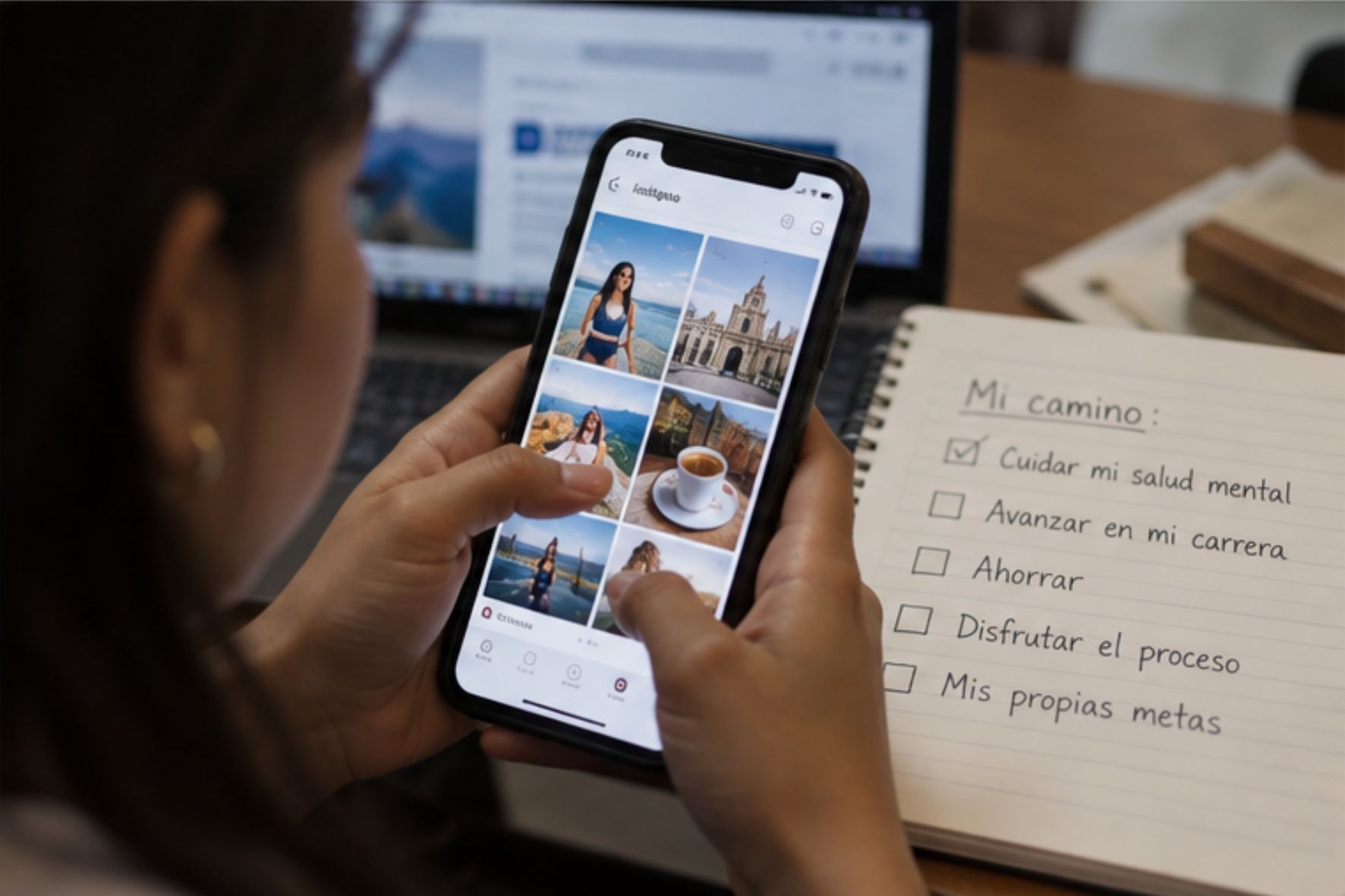Las redes sociales pueden intensificar la presión por alcanzar el éxito, al promover comparaciones con estilos de vida y logros que no reflejan las condiciones económicas de todas las personas. (Foto: GEMINI / AUN)